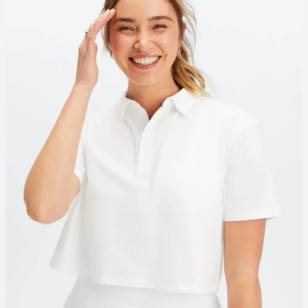 Fabletics White Boxy Short Sleeve Semi-Crop Polo Size Large